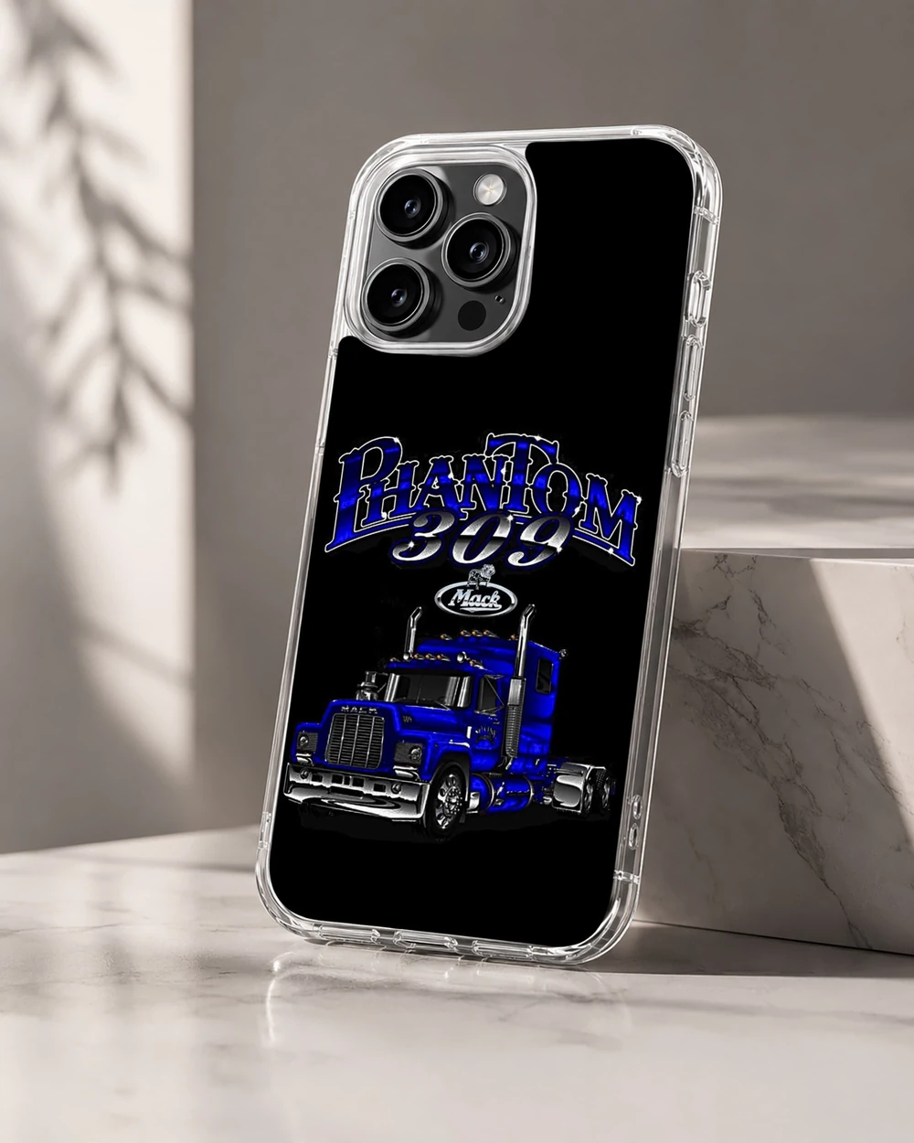 American Truck phone cover with blue truck design on black background